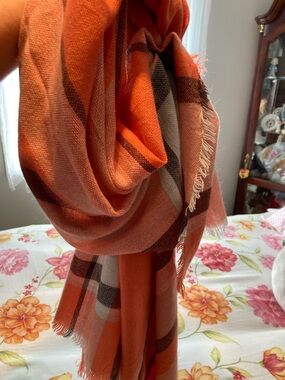 Just Cozy Orange Plaid Fringe Blanket Scarf 🧣